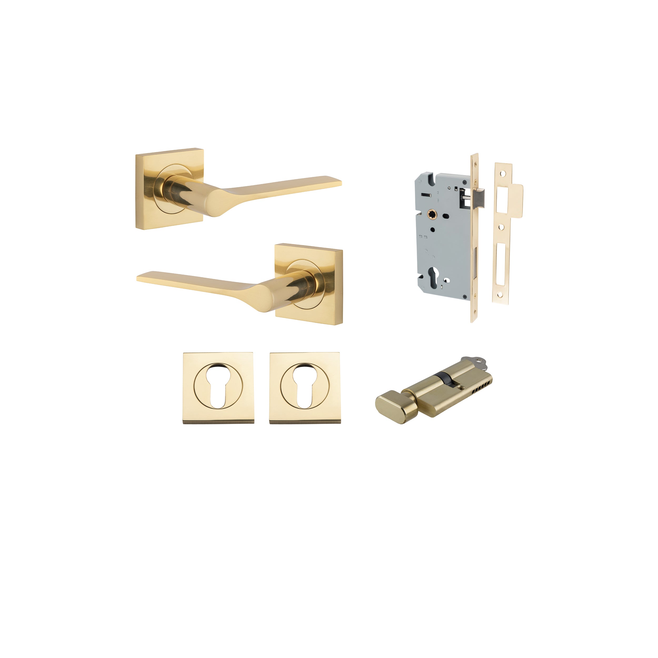 Como Lever - Square Rose Entrance Kit with High Security Lock Polished Brass / Solid Brass