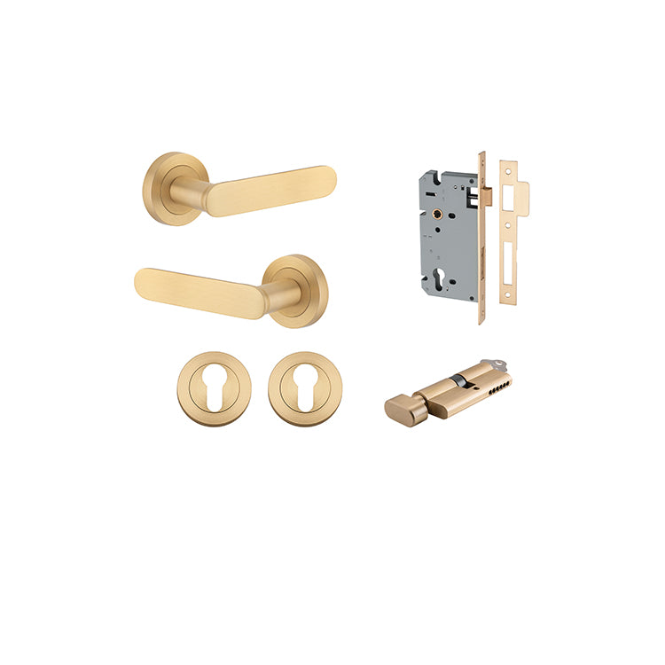 Bronte Lever - Round Rose Entrance Kit with High Security Lock Satin Brass / Solid Brass
