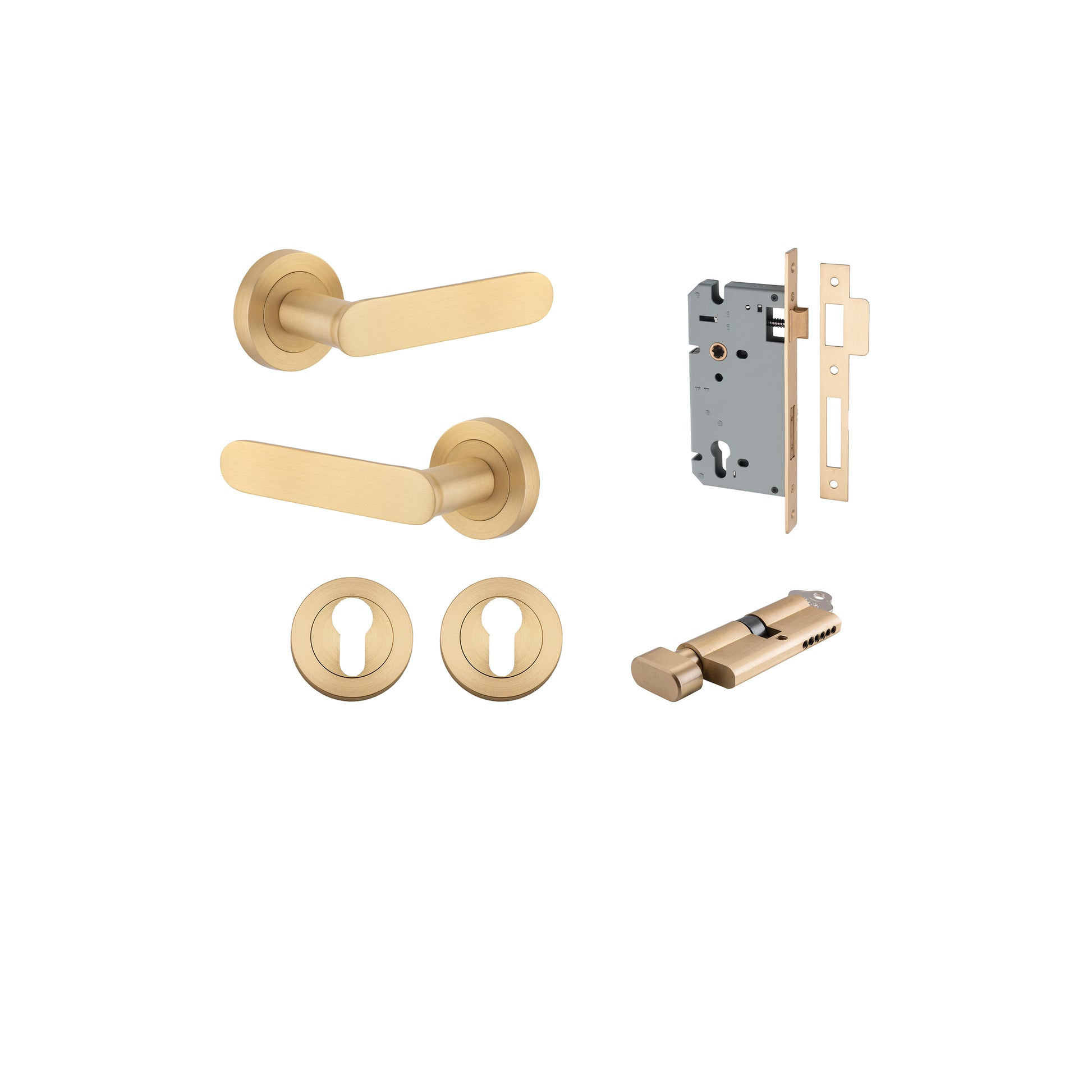 Bronte Lever - Round Rose Entrance Kit with High Security Lock Satin Brass / Solid Brass