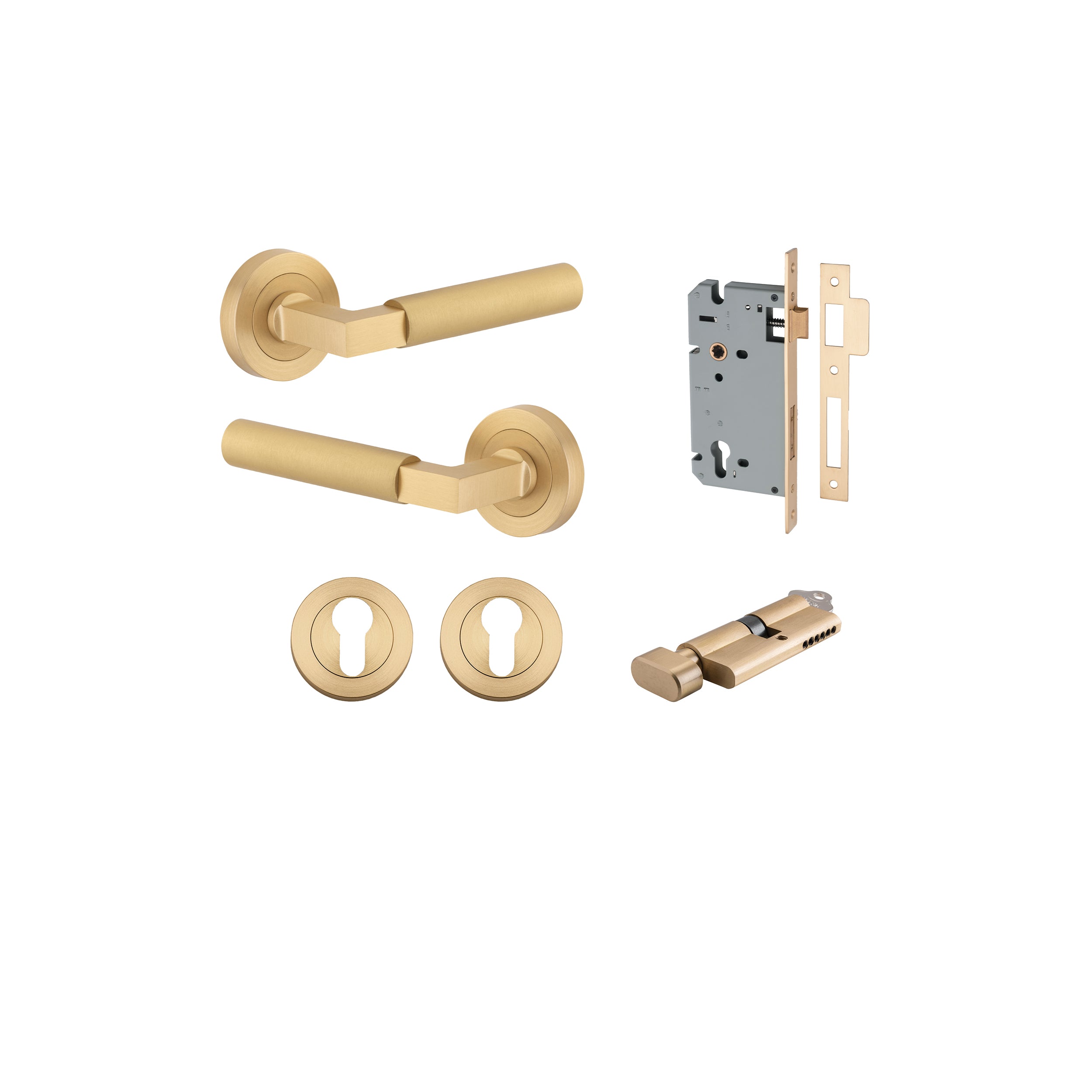 Berlin Lever - Round Rose Entrance Kit with High Security Lock Satin Brass / Solid Brass