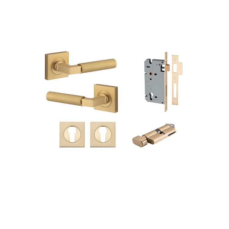 Berlin Lever - Square Rose Entrance Kit with High Security Lock Satin Brass / Solid Brass