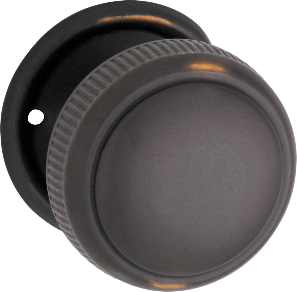 Large Milled Edged Mortice Knob - Round Rose Antique Copper / Passage