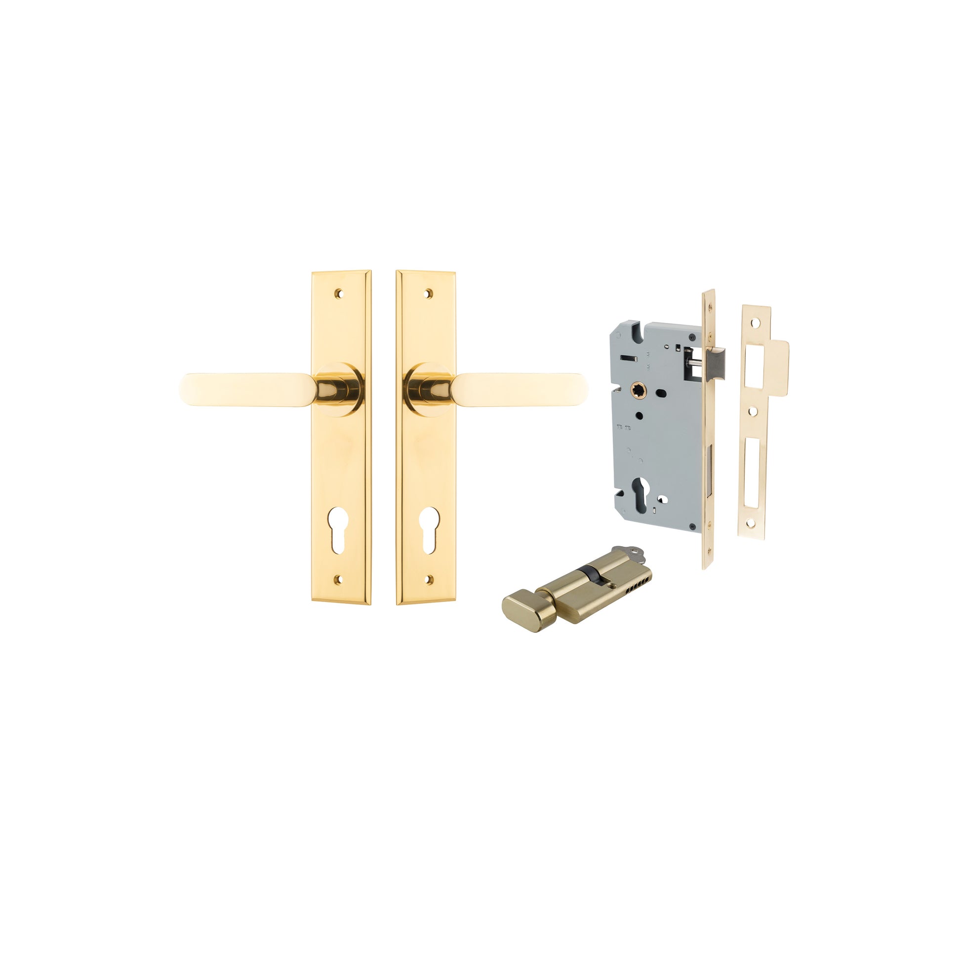 Bronte Lever - Chamfered Backplate Entrance Kit with High Security Lock Polished Brass / Solid Brass