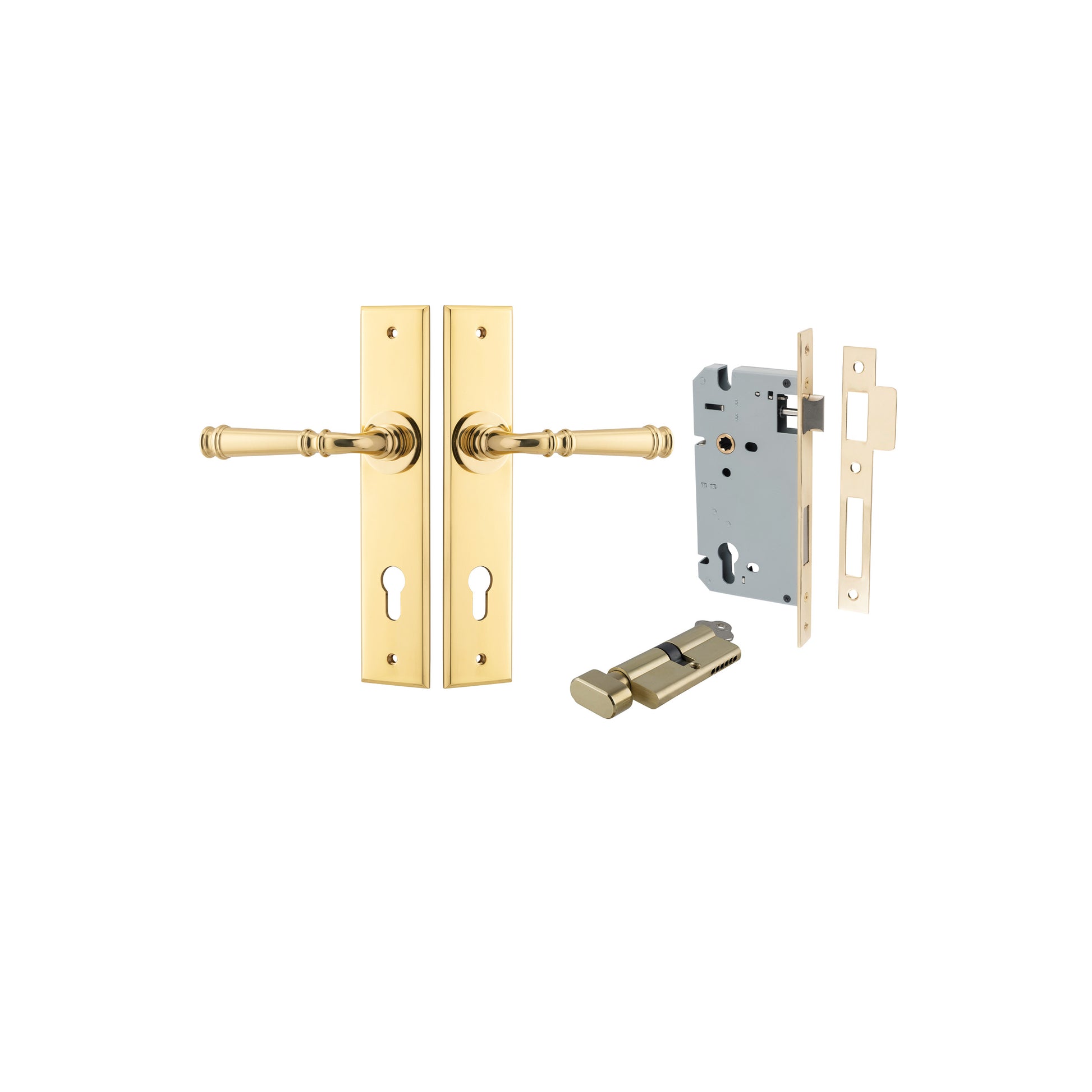 Verona Lever - Chamfered Backplate Entrance Kit with High Security Lock Polished Brass / Solid Brass