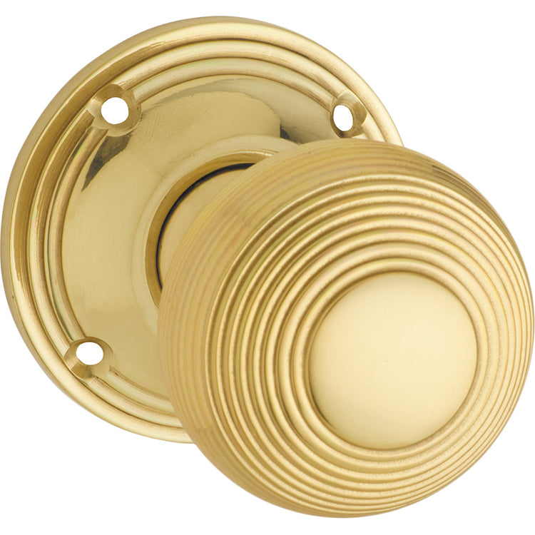 Reeded Mortice Knob - Round Rose Polished Brass / Passage
