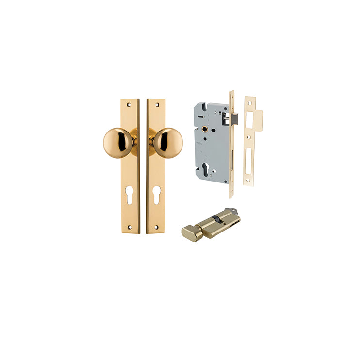 Cambridge Knob - Rectangular Backplate Entrance Kit with High Security Lock Polished Brass / Solid Brass
