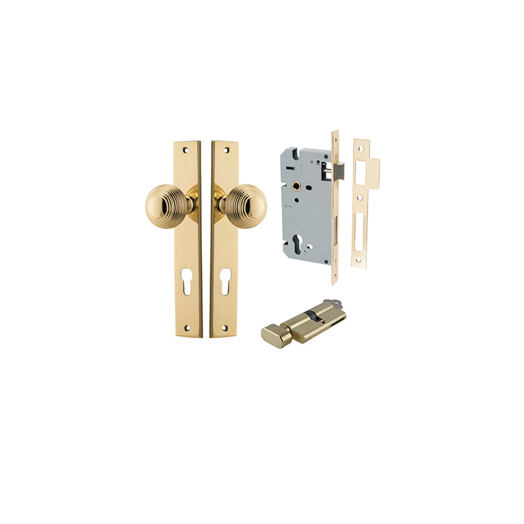 Guildford Knob - Rectangular Backplate Entrance Kit with High Security Lock Polished Brass / Solid Brass