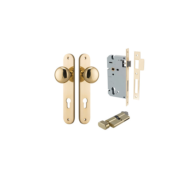 Cambridge Knob - Oval Backplate Entrance Kit with High Security Lock Polished Brass / Solid Brass