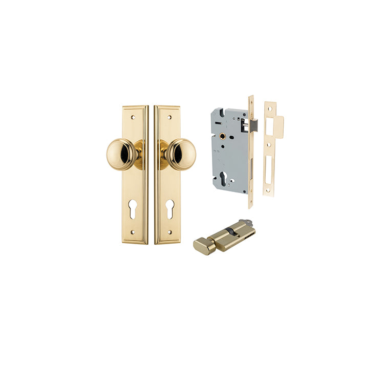 Paddington Knob - Stepped Backplate Entrance Kit with High Security Lock Polished Brass / Solid Brass