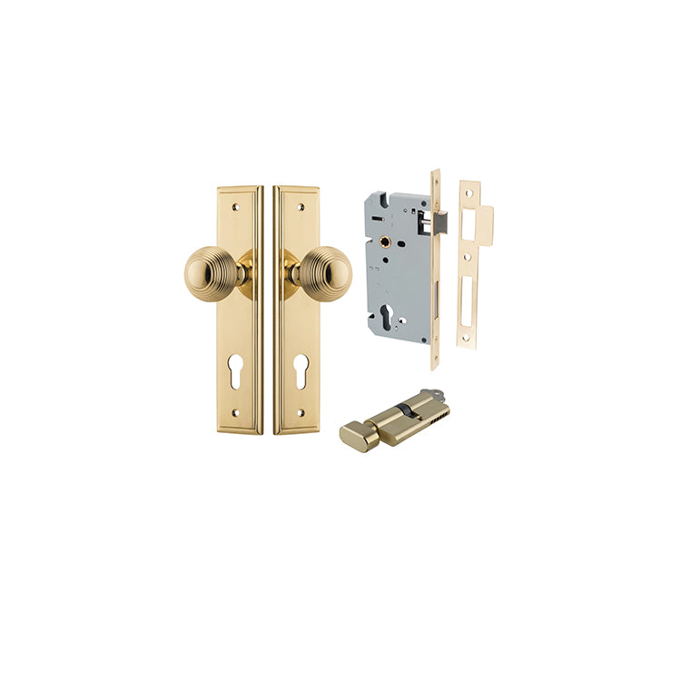 Guildford Knob - Stepped Backplate Entrance Kit with High Security Lock Polished Brass / Solid Brass