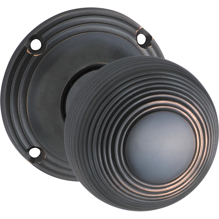 Reeded Mortice Knob - Round Rose Antique Copper / Passage