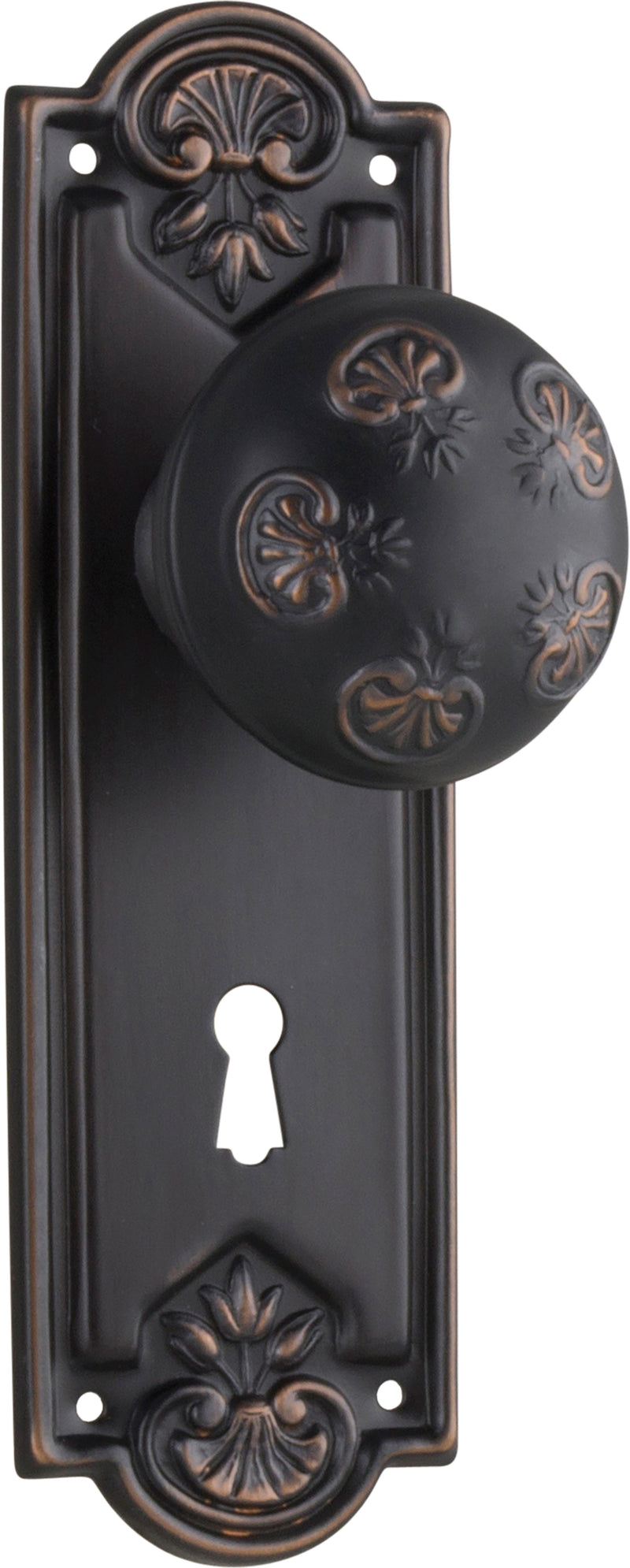Nouveau Door Knob - Long Backplate Antique Copper / Lock | Lock (Skeleton Key)