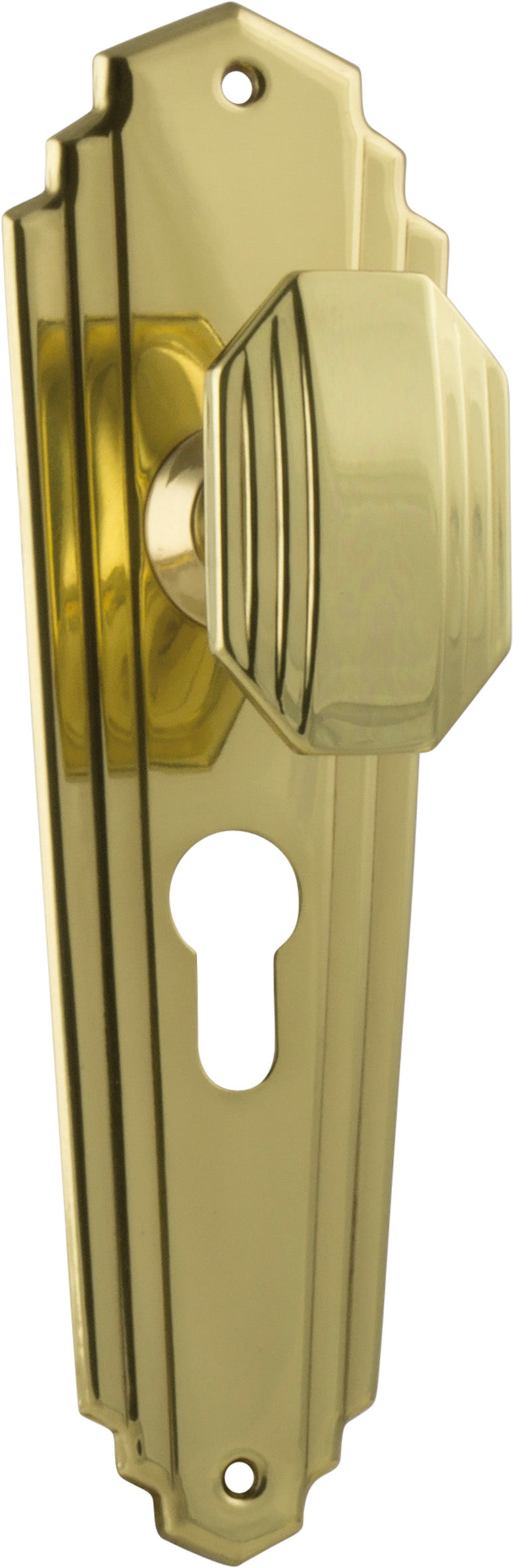 Elwood Art Deco Door Knob - Long Backplate Polished Brass / Euro | Entrance