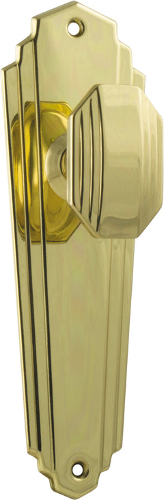 Elwood Art Deco Door Knob - Long Backplate Polished Brass / Latch | Passage