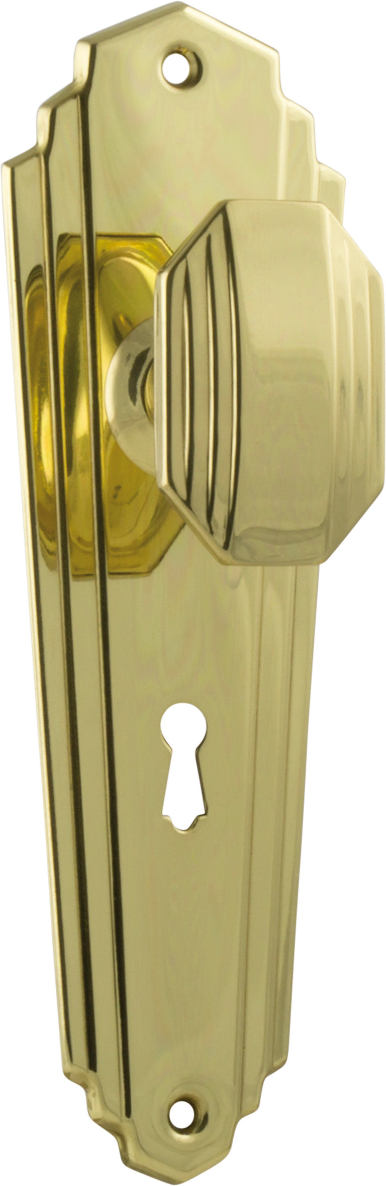Elwood Art Deco Door Knob - Long Backplate Polished Brass / Lock | Lock (Skeleton Key)