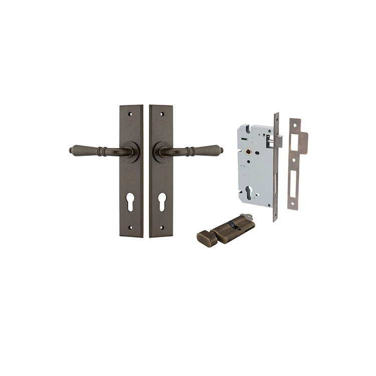 Sarlat Lever - Chamfered Backplate Entrance Kit with High Security Lock Antique Brass / Solid Brass