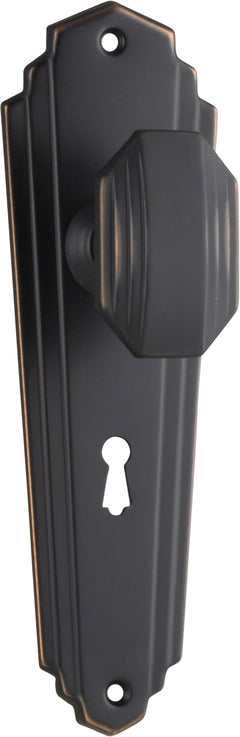 Elwood Art Deco Door Knob - Long Backplate Antique Copper / Lock | Lock (Skeleton Key)