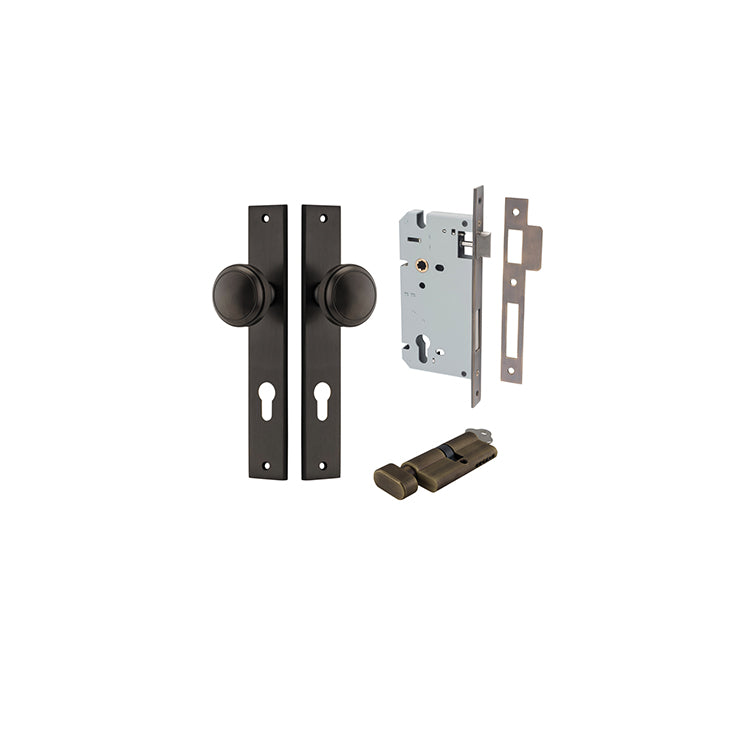 Paddington Knob - Rectangular Backplate Entrance Kit with High Security Lock Antique Brass / Solid Brass