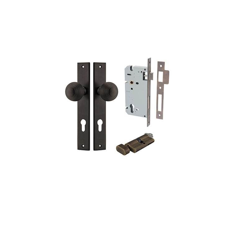 Guildford Knob - Rectangular Backplate Entrance Kit with High Security Lock Antique Brass / Solid Brass