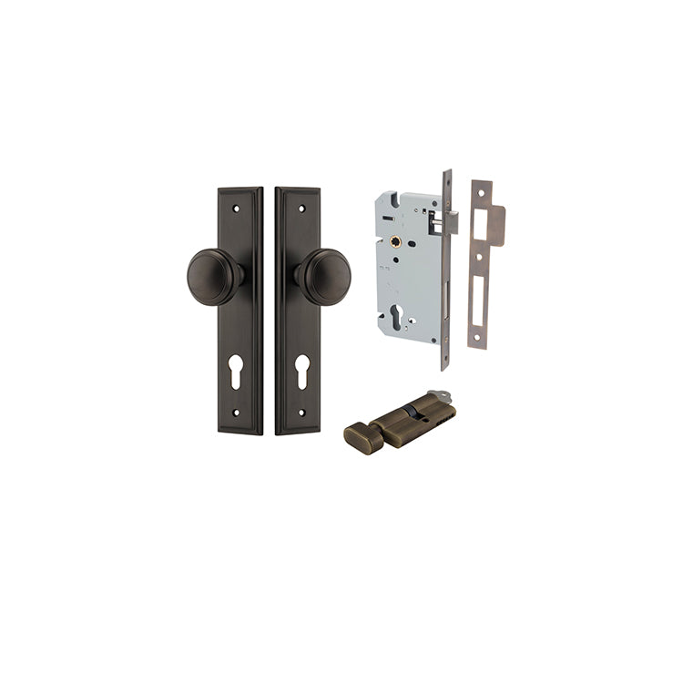 Paddington Knob - Stepped Backplate Entrance Kit with High Security Lock Antique Brass / Solid Brass