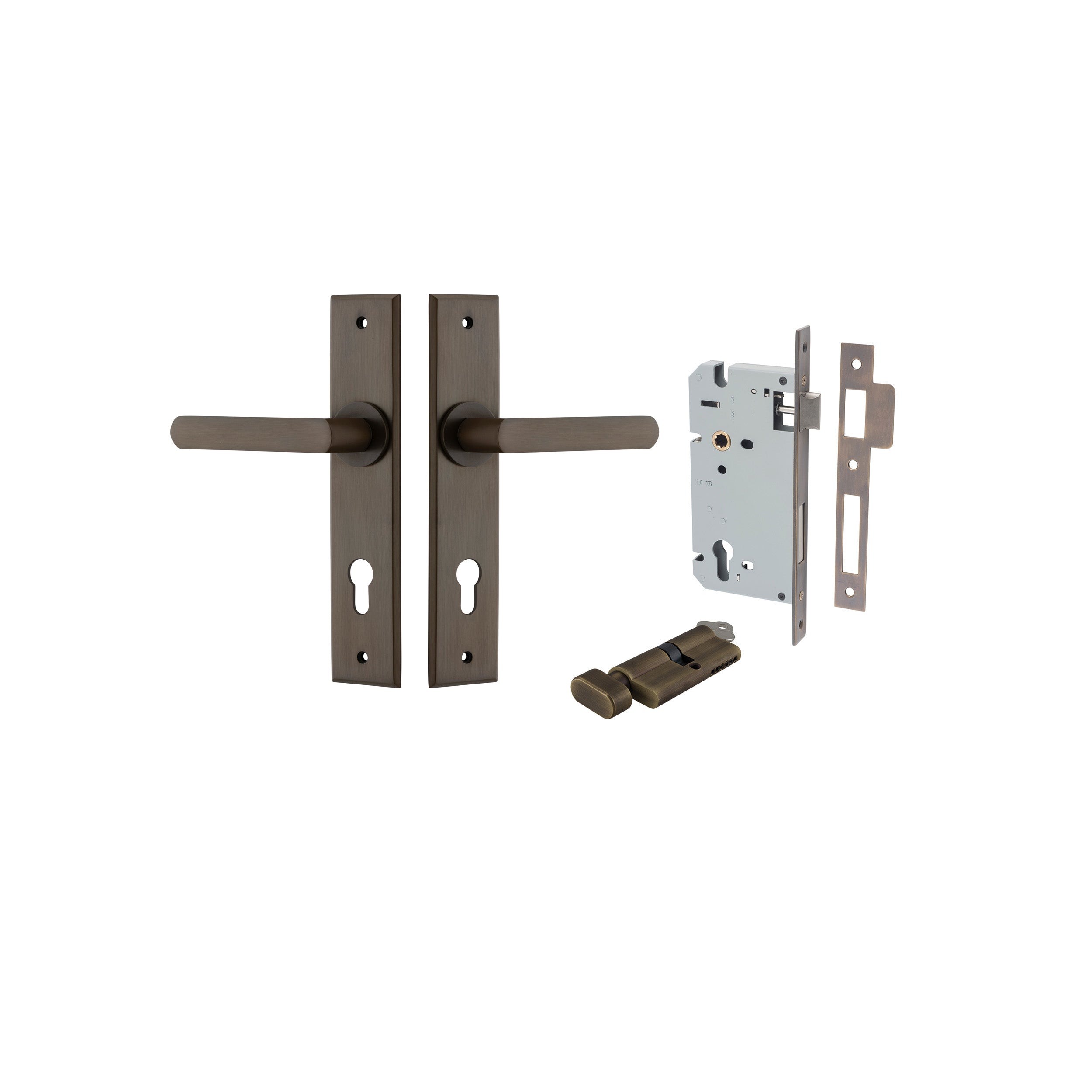 Osaka Lever - Chamfered Backplate Entrance Kit with High Security Lock Antique Brass / Solid Brass