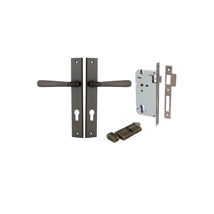 Copenhagen Lever - Rectangular Backplate Entrance Kit with High Security Lock Antique Brass / Solid Brass