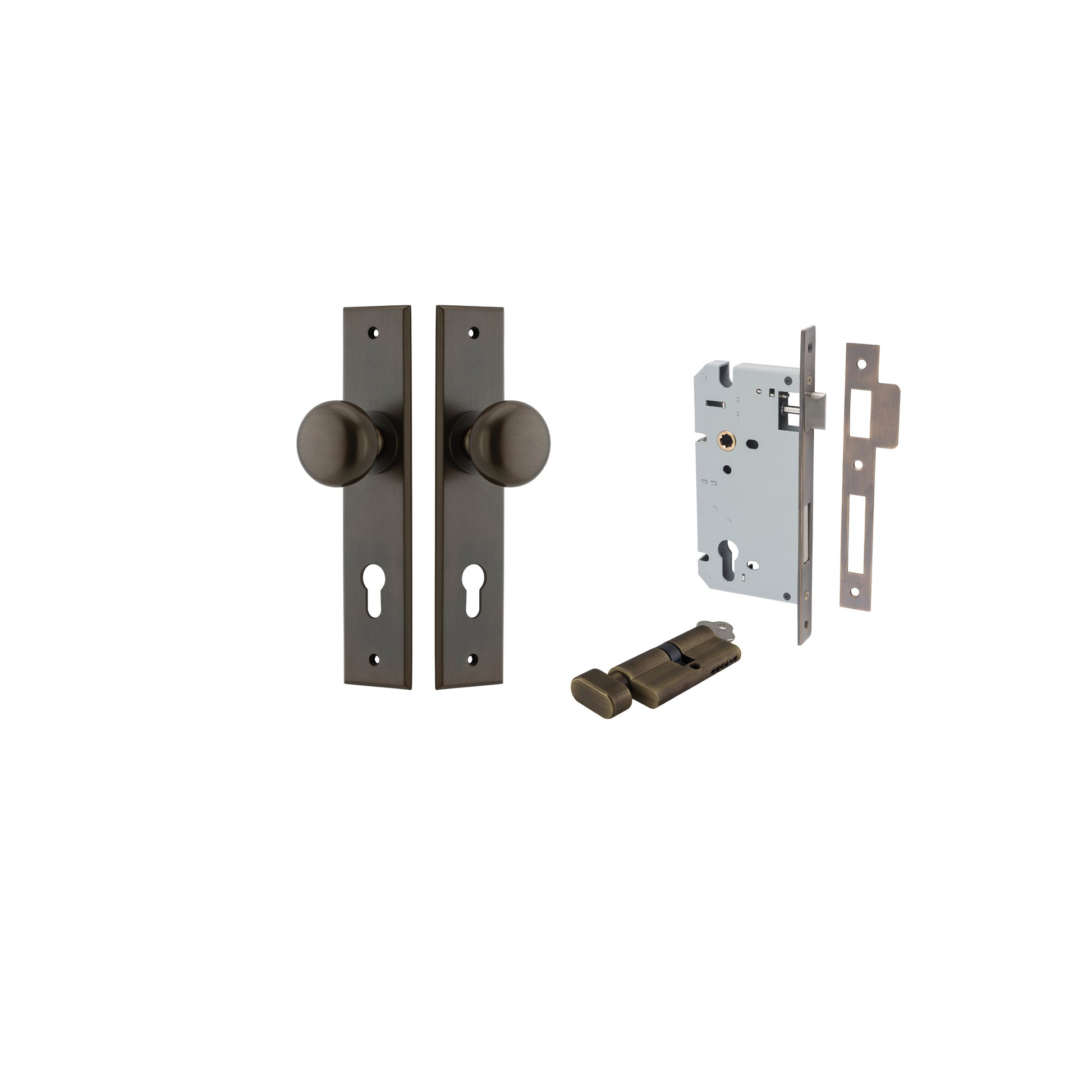 Cambridge Knob - Chamfered Backplate Entrance Kit with High Security Lock Antique Brass / Solid Brass