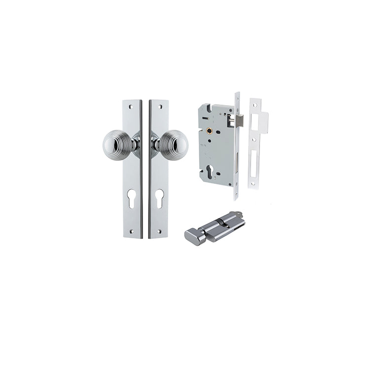 Guildford Knob - Rectangular Backplate Entrance Kit with High Security Lock Chrome Plated / Solid Brass