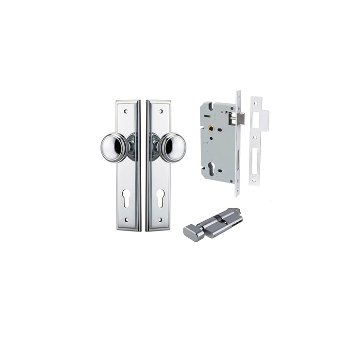 Paddington Knob - Stepped Backplate Entrance Kit with High Security Lock Chrome Plated / Solid Brass