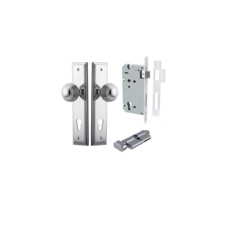 Guildford Knob - Stepped Backplate Entrance Kit with High Security Lock Chrome Plated / Solid Brass