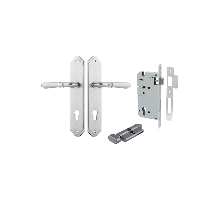Sarlat Lever - Shouldered Backplate Entrance Kit with High Security Lock Satin Chrome / Solid Brass