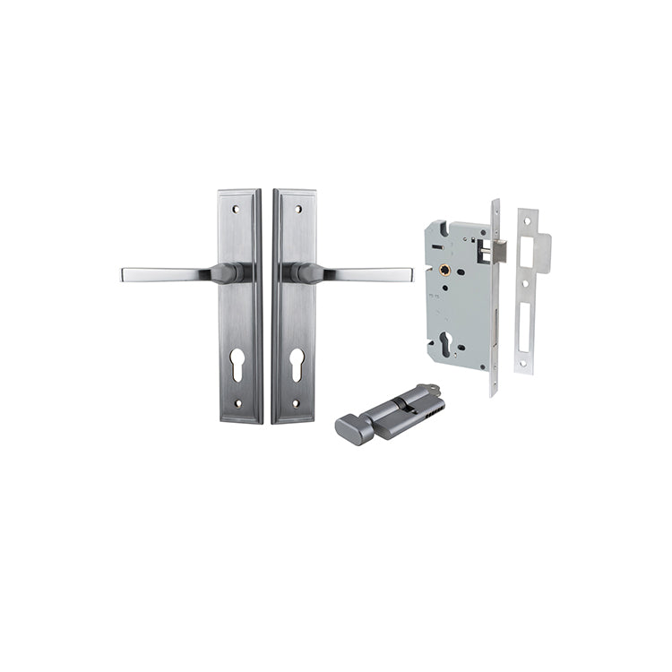 Annecy Lever - Stepped Backplate Entrance Kit with High Security Lock Satin Chrome / Solid Brass