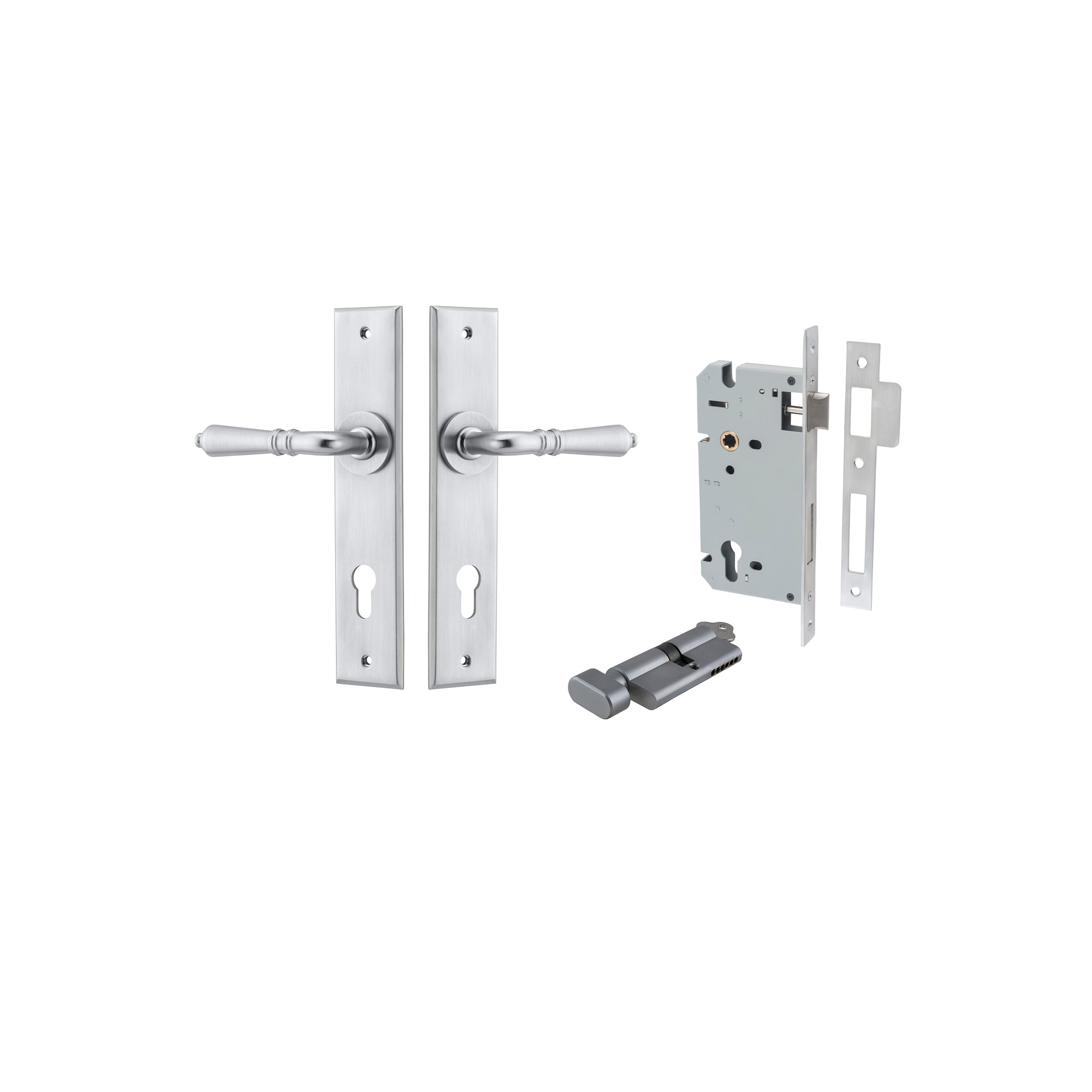 Sarlat Lever - Chamfered Backplate Entrance Kit with High Security Lock Satin Chrome / Solid Brass