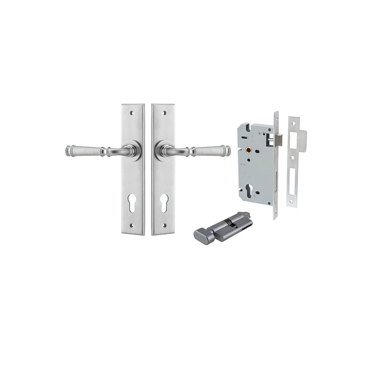 Verona Lever - Chamfered Backplate Entrance Kit with High Security Lock Satin Chrome / Solid Brass