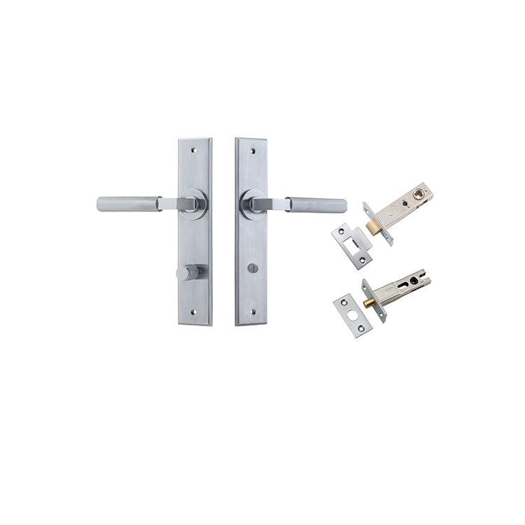 Brunswick Lever - Chamfered Backplate Privacy Kit Satin Chrome / Solid Brass