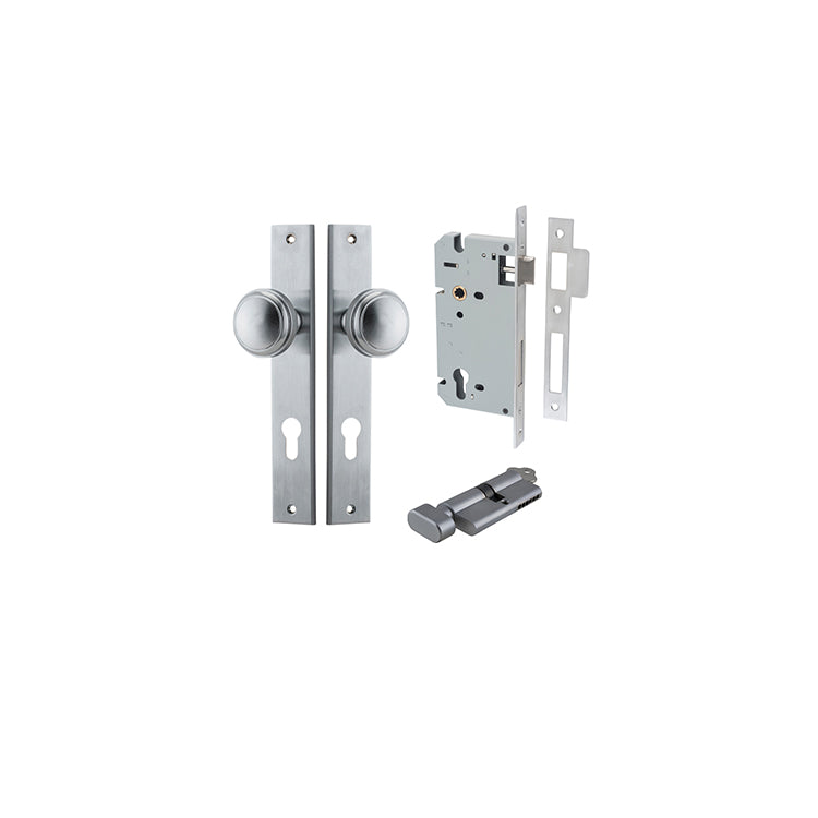 Paddington Knob - Rectangular Backplate Entrance Kit with High Security Lock Satin Chrome / Solid Brass