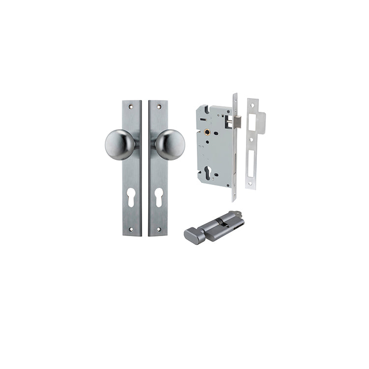 Cambridge Knob - Rectangular Backplate Entrance Kit with High Security Lock Satin Chrome / Solid Brass