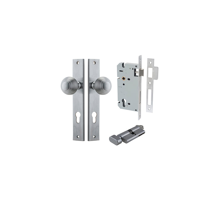 Guildford Knob - Rectangular Backplate Entrance Kit with High Security Lock Satin Chrome / Solid Brass