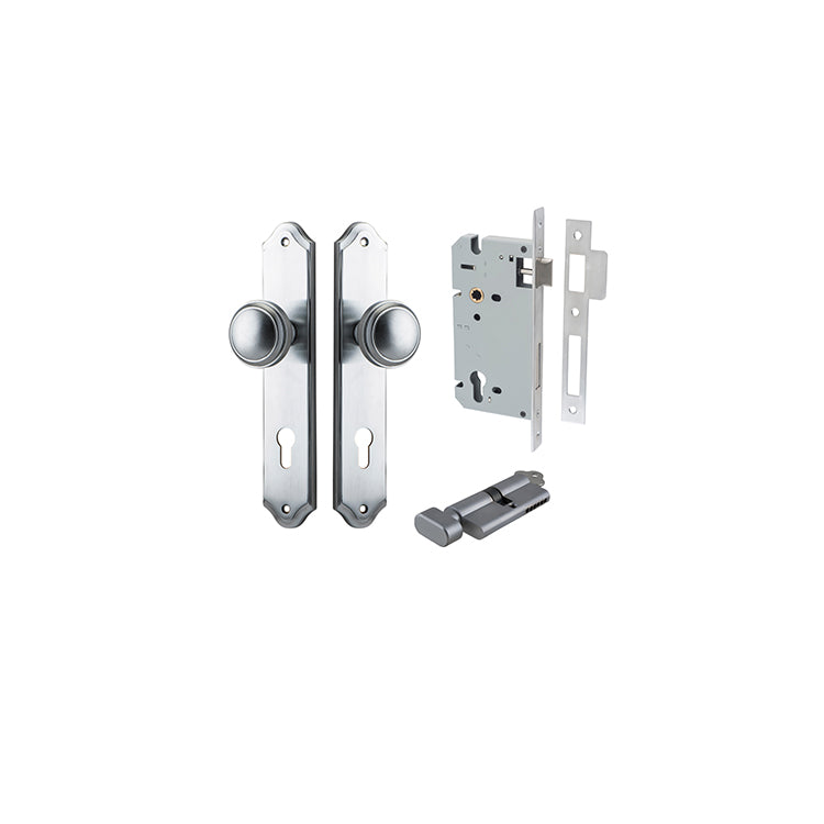 Paddington Knob - Shouldered Backplate Entrance Kit with High Security Lock Satin Chrome / Solid Brass