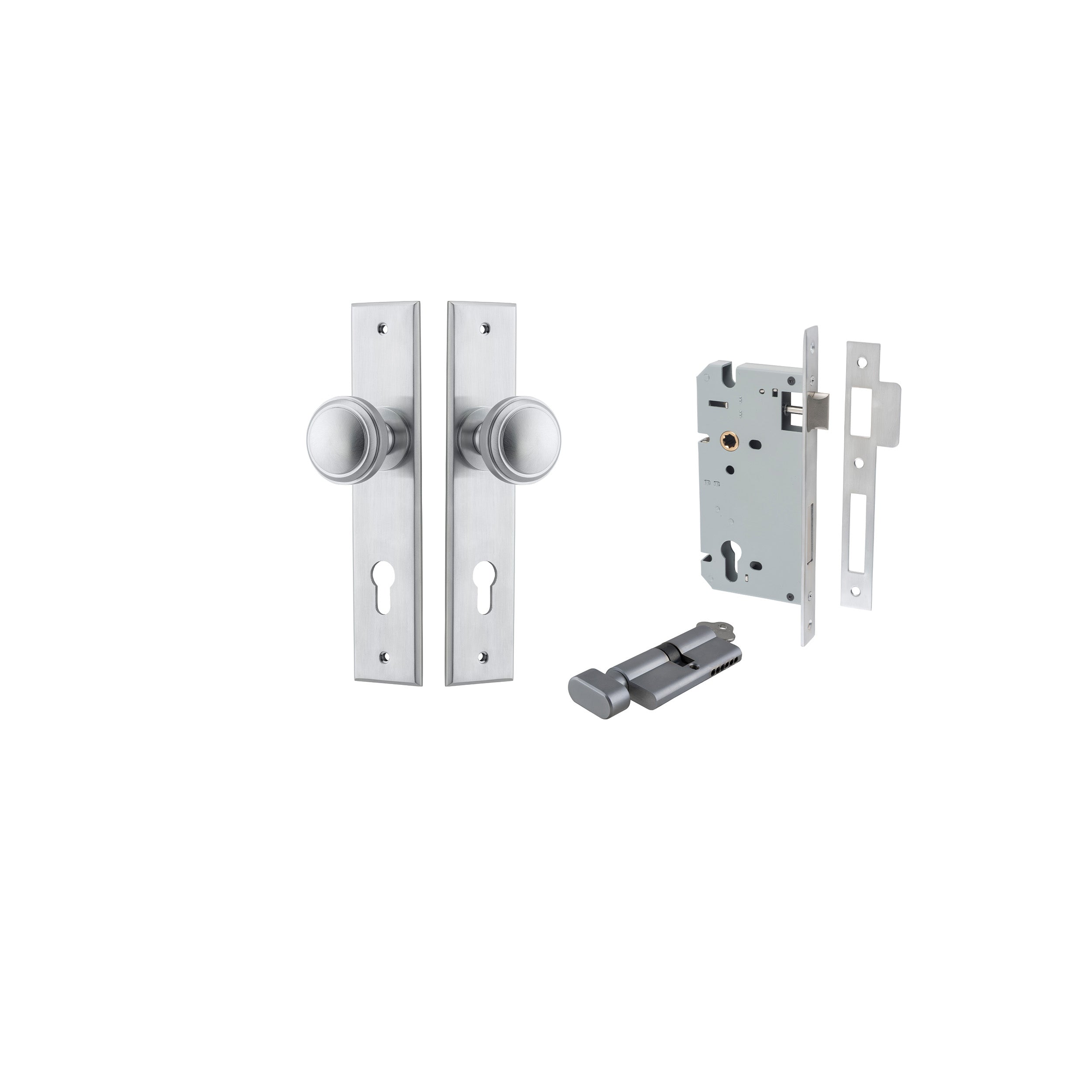 Paddington Knob - Chamfered Backplate Entrance Kit with High Security Lock Satin Chrome / Solid Brass