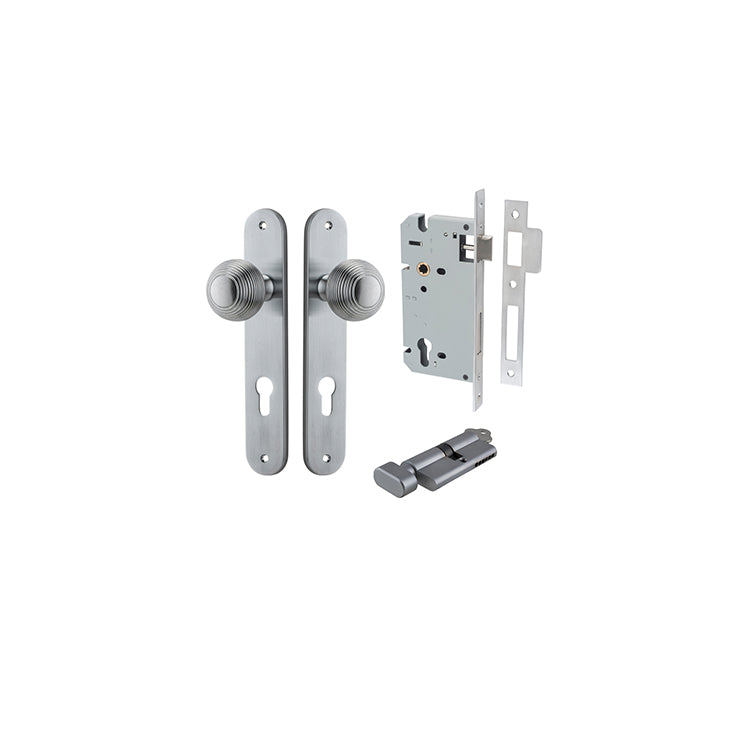 Guildford Knob - Oval Backplate Entrance Kit with High Security Lock Satin Chrome / Solid Brass