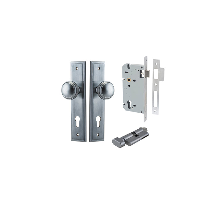 Paddington Knob - Stepped Backplate Entrance Kit with High Security Lock Satin Chrome / Solid Brass