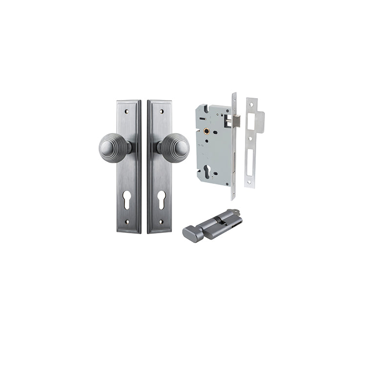 Guildford Knob - Stepped Backplate Entrance Kit with High Security Lock Satin Chrome / Solid Brass