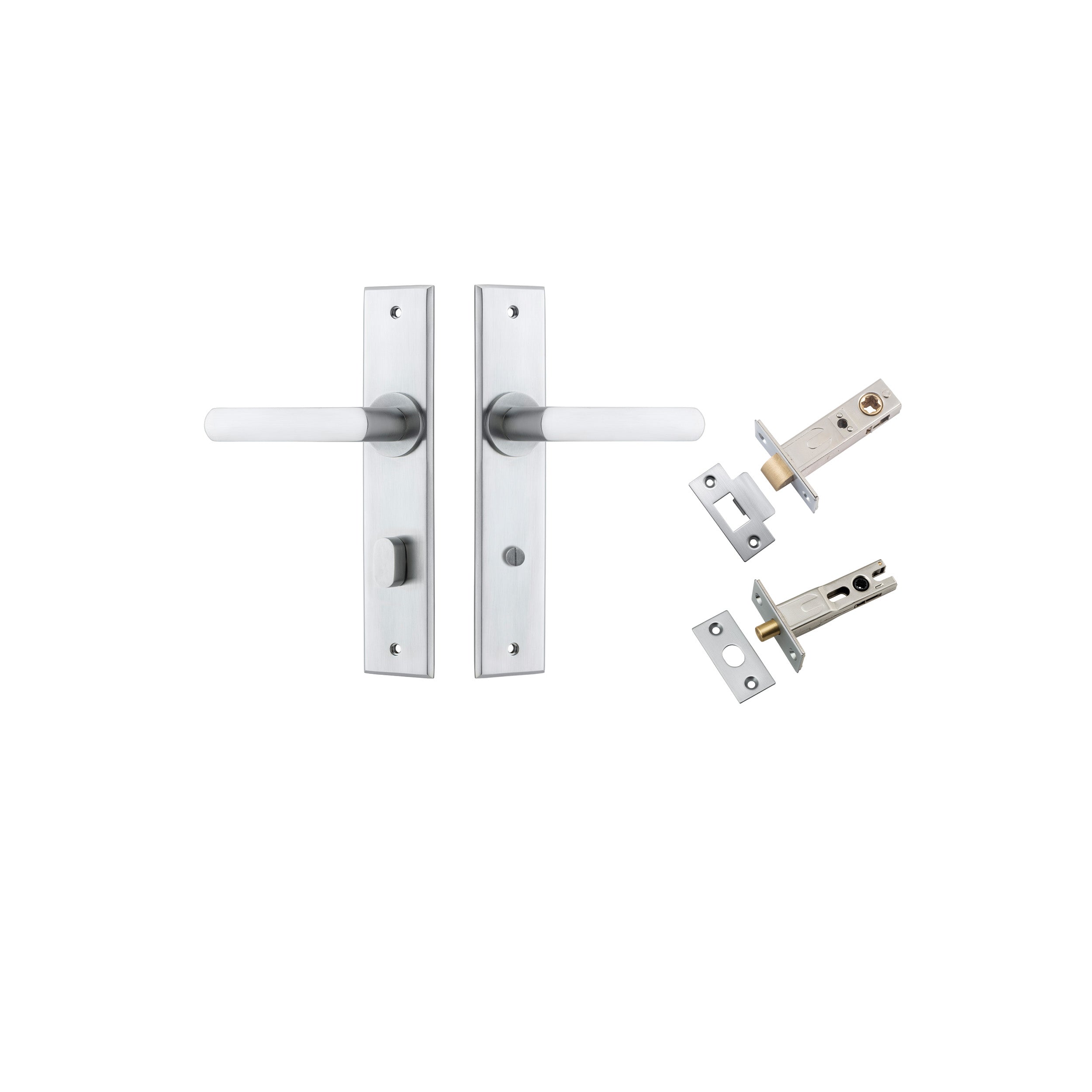 Osaka Lever - Chamfered Backplate Privacy Kit with Privacy Turn Satin Chrome / Solid Brass
