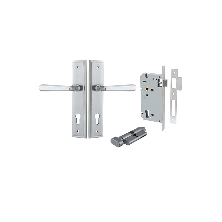 Copenhagen Lever - Stepped Backplate Entrance Kit with High Security Lock Satin Chrome / Solid Brass