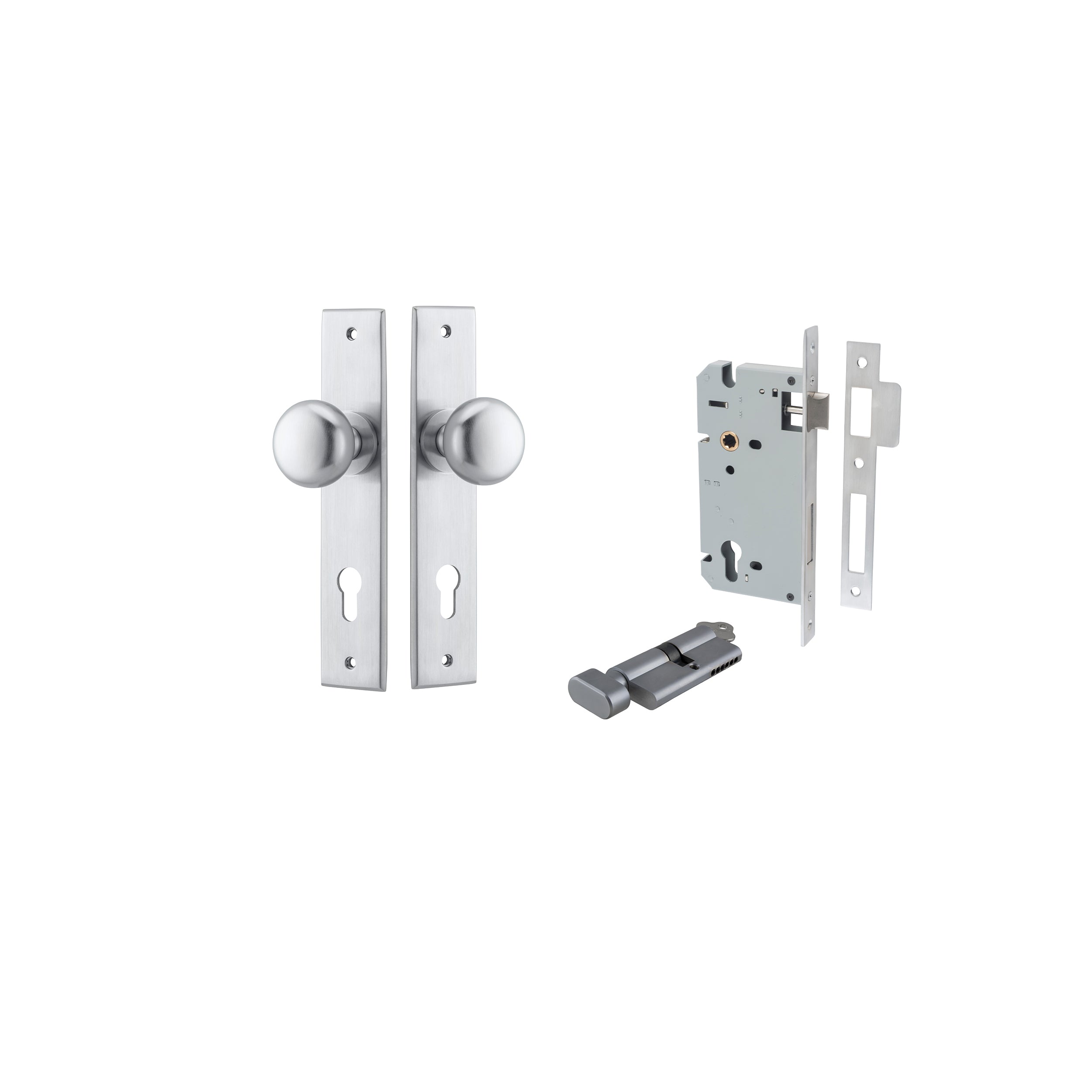 Cambridge Knob - Chamfered Backplate Entrance Kit with High Security Lock Satin Chrome / Solid Brass