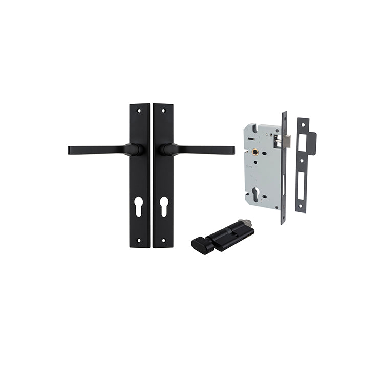 Annecy Lever - Rectangular Backplate Entrance Kit with High Security Lock Matt Black / Solid Brass