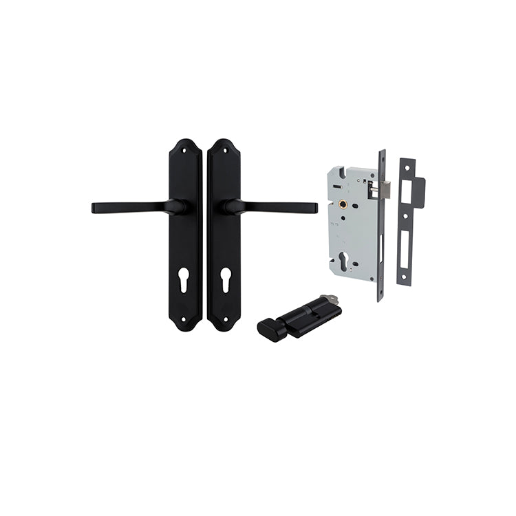 Annecy Lever - Shouldered Backplate Entrance Kit with High Security Lock Matt Black / Solid Brass