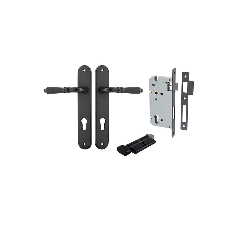 Sarlat Lever - Oval Backplate Entrance Kit with High Security Lock Matt Black / Solid Brass