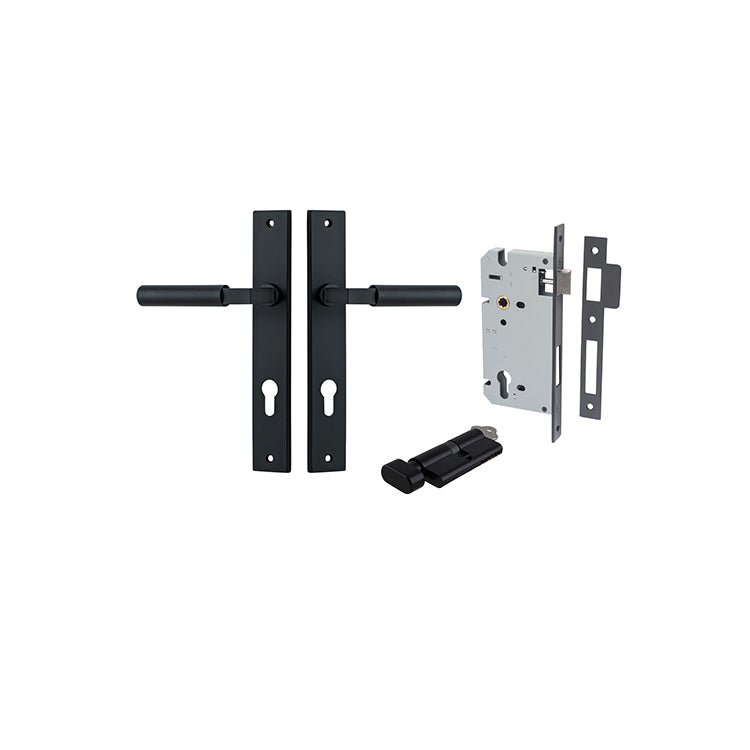 Berlin Lever - Rectangular Backplate Entrance Kit with High Security Lock Matt Black / Solid Brass